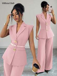 Conjunto de blazer de unicolor con decoración de hebilla metálica y bolsillo falso + pantalones rectos de cintura alta y sueltos, estilo vintage francés elegante para oficina, viajes, negocios, casual, citas, primavera/verano - Rosa - Ver 8