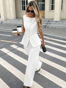 Set de 2 piezas para mujer con top sin mangas con botones delanteros lisos y pantalones largos, conjunto casual - Blanco - Ver 1