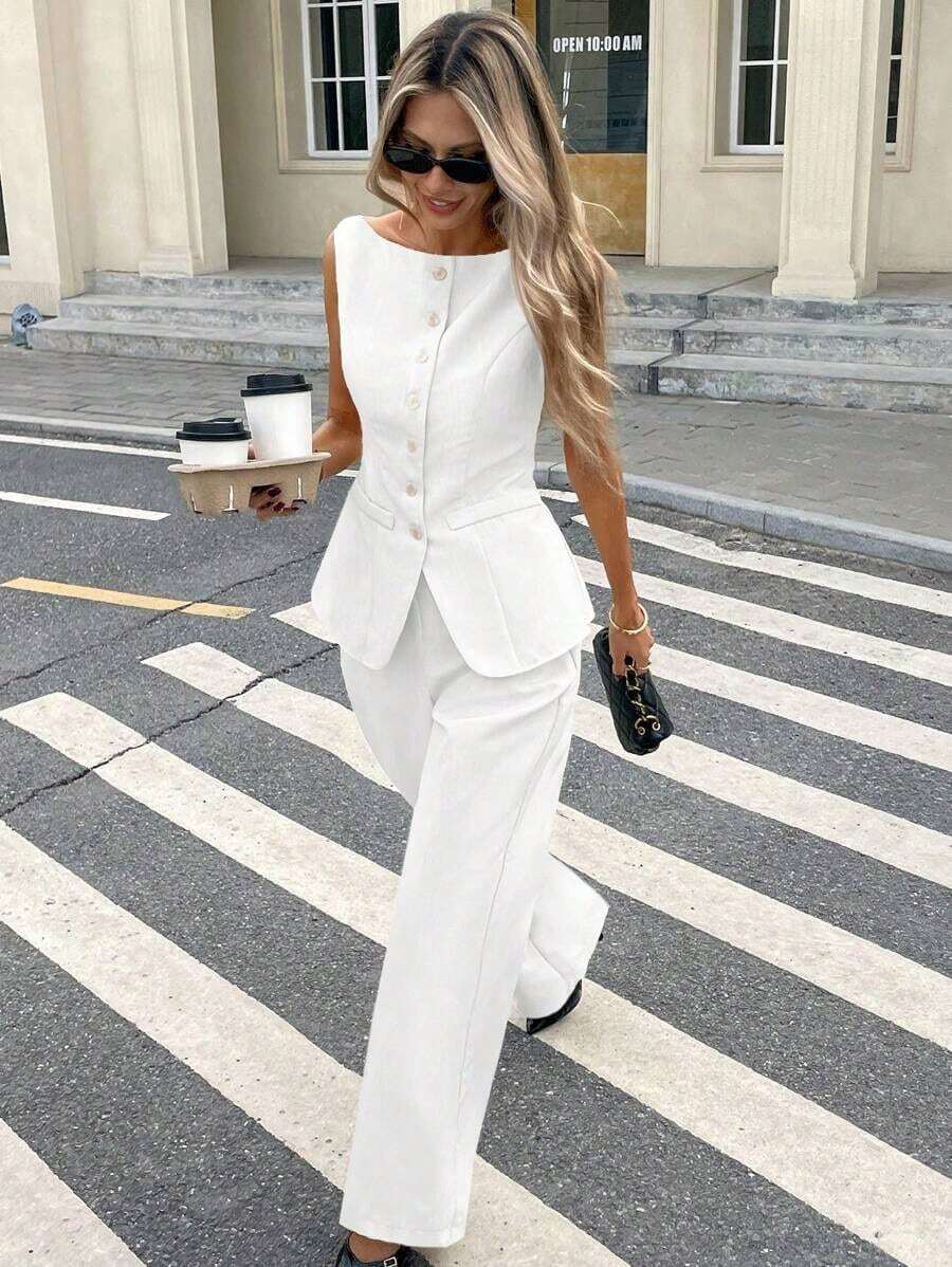 Set de 2 piezas para mujer con top sin mangas con botones delanteros lisos y pantalones largos, conjunto casual - Blanco - Ver 1