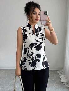 Blusa con cuello en V, estampada y sin mangas con cierre a media altura - Multicolor 7 - Ver 6