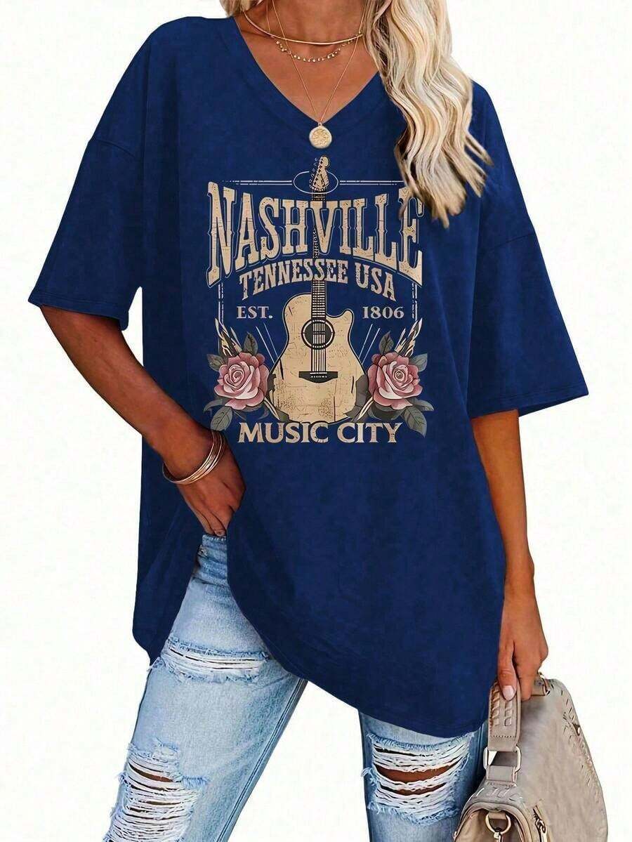Blusa de mujer de talla grande para primavera/verano, cómoda y holgada, camiseta negra con estampado de letras, cuello en V, manga corta - Azul marino - Ver 1