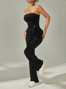 Conjunto de 2 piezas: Top bandeau fruncido con bajo asimétrico y pantalones acampanados - Negro - Ver 3
