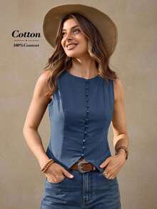 Cárdigan de algodón de color café retro francés estilo boho casual para vacaciones, parte superior de algodón marrón para oficina para mujer, vestimenta occidental, parte superior marrón, parte superior marrón para mujer, casual de negocios, blusas casuales, blusas tipo tanque estilo francés para mujer - Azul - Ver 1