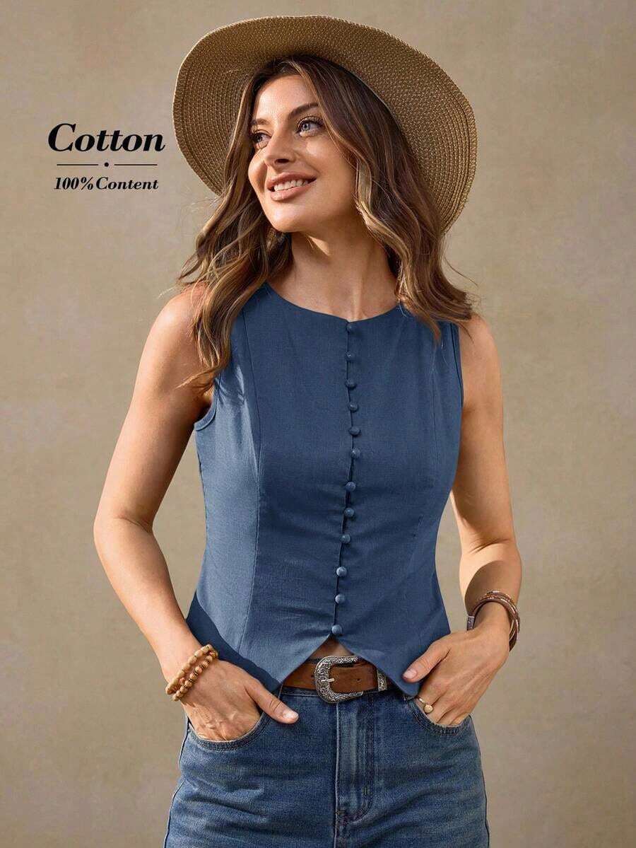 Cárdigan de algodón de color café retro francés estilo boho casual para vacaciones, parte superior de algodón marrón para oficina para mujer, vestimenta occidental, parte superior marrón, parte superior marrón para mujer, casual de negocios, blusas casuales, blusas tipo tanque estilo francés para mujer - Azul - Ver 1