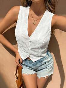 Frenchy Camisa casual de vacaciones para mujer sin mangas con bordado y botones delanteros - Blanco - Ver 7