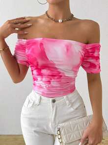 Camiseta de manga corta plisada con cuello recto en línea - Rosa - Ver 7