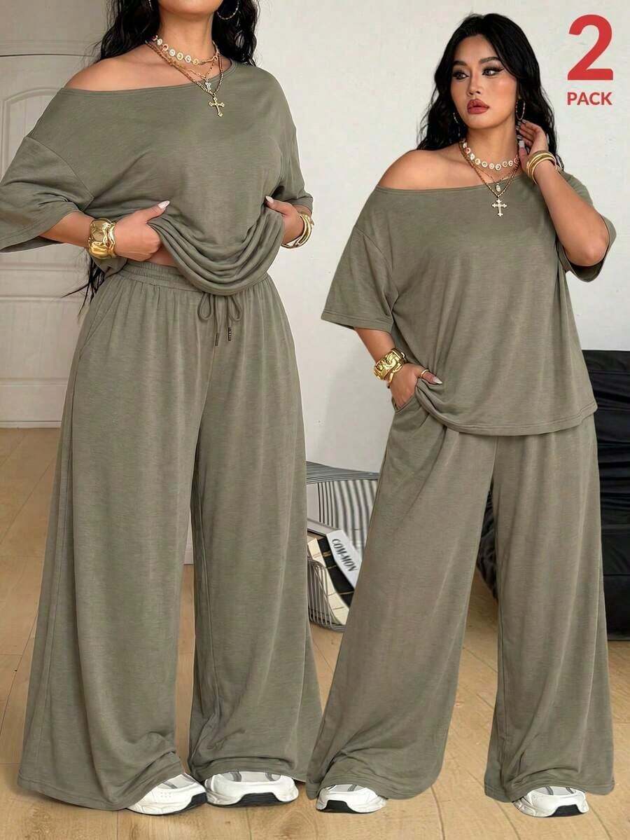 Conjunto de dos piezas de camiseta hombros descubiertos y pantalón ancho de chándal para mujer talla grande, minimalista, ropa de calle, uso diario, salir, deporte, cómodo - Verde militar - Ver 1