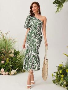 YHHMulvari Vestido con estampado floral de un hombro de manga farol bajo sirenaYHH - Multicolor - Ver 6