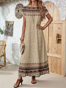 YHHEMERY ROSE Vestido largo de mujer estilo bohemio con estampado, cuello redondo, manga corta tipo murciélago, bajo acampanado, informal y multicolorYHH - Multicolor 3 - Ver 6