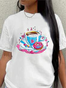 Camiseta de manga corta de poliéster, estampada con motivos de café y donuts, ligera y duradera, adecuada para uso casual en casa o en una cafetería, cómoda y relajada para el uso diario en la cocina o la sala de estar.women's shirts - Blanco - Ver 1
