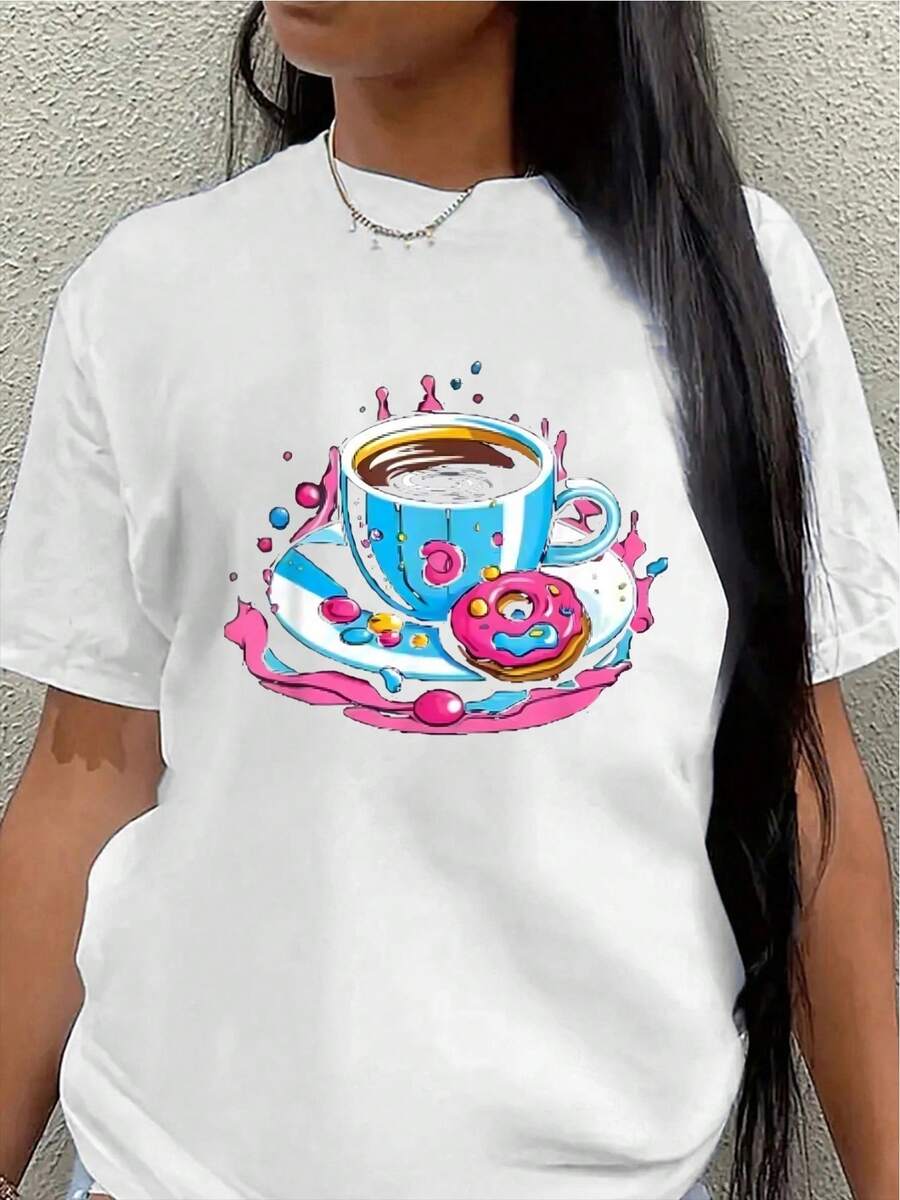 Camiseta de manga corta de poliéster, estampada con motivos de café y donuts, ligera y duradera, adecuada para uso casual en casa o en una cafetería, cómoda y relajada para el uso diario en la cocina o la sala de estar.women's shirts - Blanco - Ver 1