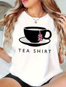 1 camiseta de mujer con estampado de té de estilo británico - Camiseta suave de manga corta con cuello redondo, adecuada para uso diario casual y eventos de temática británica - Lavable a máquina, 180g, 100% algodón. - Negro - Ver 7