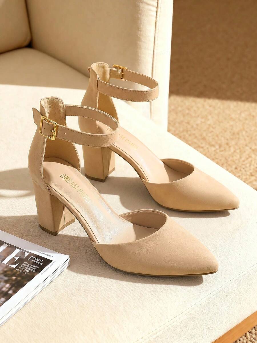 Women's Classic Closed Pointed Toe High Chunky Ankle Strap Heels Pumps Dress Shoes Fashionable And Elegant For Wedding Office Party, 3 Inches - 杏色 - 查看 1