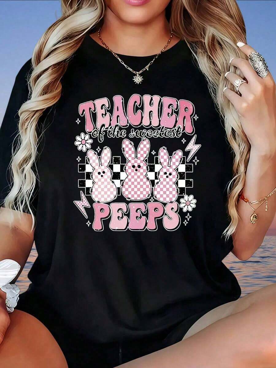 Camiseta de Mujer "Maestra del Conejo de Pascua Más Dulce" - Divertida y Linda, Regalo para las Fiestas de Primavera - Negro - Ver 1