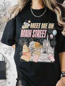 1 pieza de camiseta para mujer, telas cómodas, manga corta, estilo casual, patrón geométrico, primavera/verano/otoño, camiseta "Meet Me On Main Street", camiseta "Magic Kingdom", camiseta vintage "Main Street", camiseta a juego para viajes a parques temáticos, tallas S-2XL, 180g 100% algodón, todos los patrones están impresos. Unisexo. - Estilo-2 - Ver 1