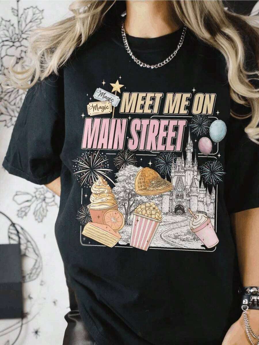 1 pieza de camiseta para mujer, telas cómodas, manga corta, estilo casual, patrón geométrico, primavera/verano/otoño, camiseta "Meet Me On Main Street", camiseta "Magic Kingdom", camiseta vintage "Main Street", camiseta a juego para viajes a parques temáticos, tallas S-2XL, 180g 100% algodón, todos los patrones están impresos. Unisexo. - Estilo-2 - Ver 1