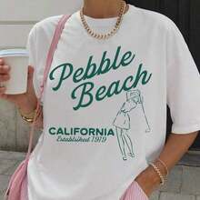 Camiseta con Estampado de Golf Pebble Beach para Mujer, Ligera y Transpirable, Cuello Redondo, Manga Corta, Tops de Primavera Verano, Camisetas Básicas Suaves, Ropa para Vacaciones en la Playa, Camiseta de Mujer - Blanco - Ver 1