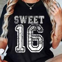 Camisetas Glitter Sweet 16 para mujer, camiseta casual de manga corta, 220g de peso,% algodón. Estampado de mariposas. Tallas unisex. Camiseta inspiradora de cuello redondo. Lindo y hermoso top de verano inspirado en Y2K, perfecto para actividades al aire libre, en casa, en el trabajo o para vestir en la calle. Camiseta casual, holgada para uso diario. - Negro - Ver 1