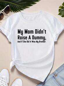 Regalo 1 pieza: Camiseta blanca para mujer con estampado de frases divertidas de mamá y hermano, cuello redondo, camiseta casual de algodón, tejido de punto de elasticidad media, corte regular para damas, para primavera/verano/otoño, suave. - Blanco - Ver 1