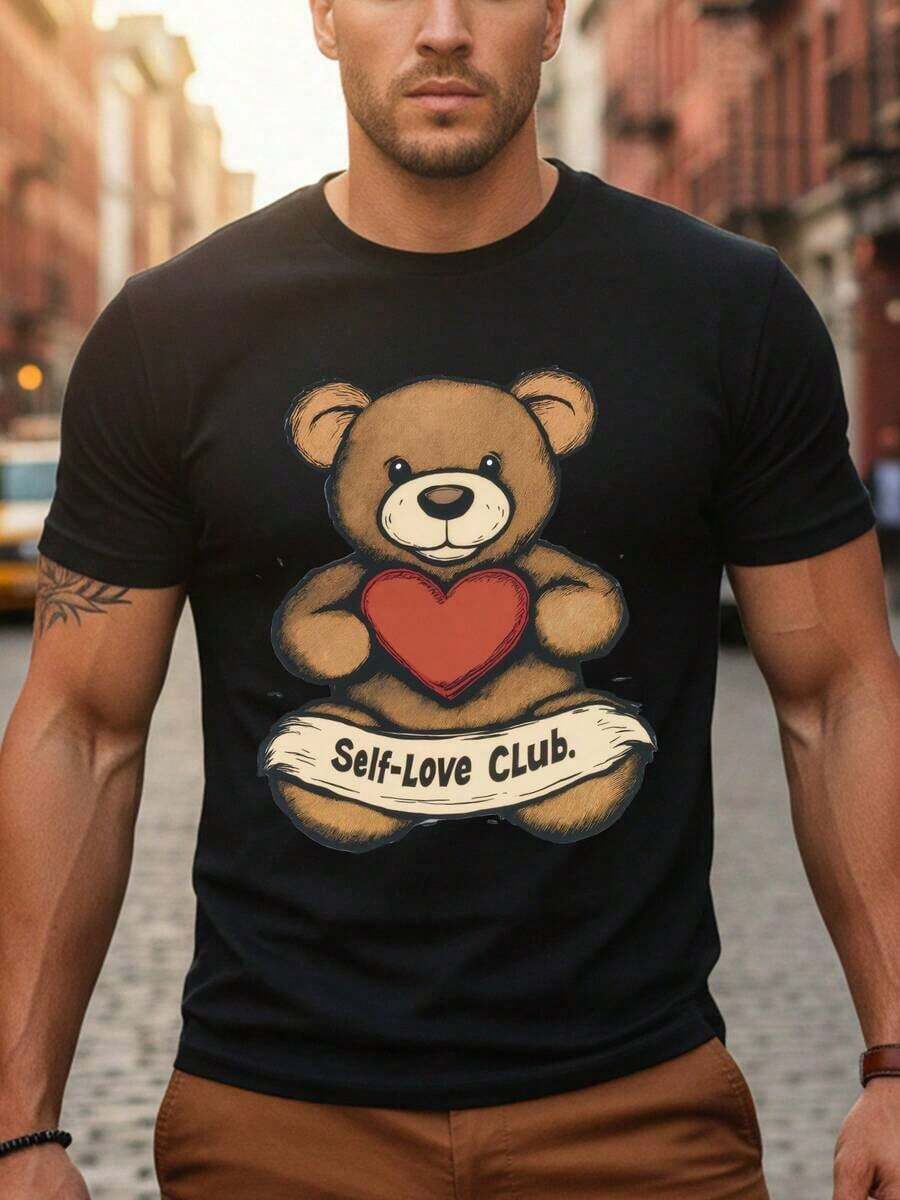 Camiseta de hombre 100% algodón, corte ajustado, con estampado de corazón de oso de peluche de Self-Love Club - Camiseta gris de manga corta informal, adecuada para verano, gimnasio y atuendos casuales - Regalo ideal para hombres tatuados y entusiastas - Camiseta unisex de algodón holgada de manga corta y cuello redondo estilo vintage urbano - Blusas para mujer. blusas.blusas casuales para dama.Impresión de osos cariñosos.Camiseta estampada Impresión de osos cariñosos. - Negro - Ver 1
