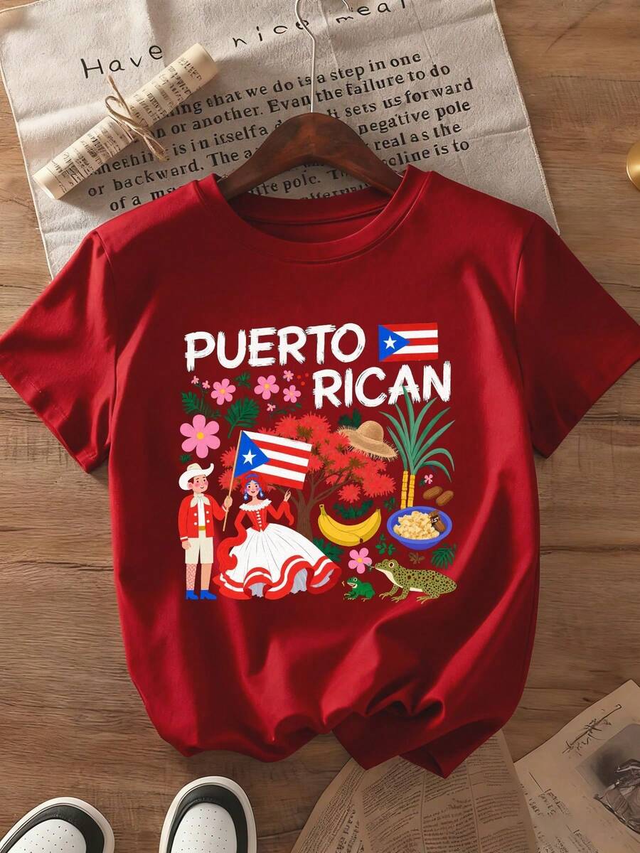Camiseta Casual de Manga Corta para Mujer con Diseño de la Cultura Puertorriqueña para Vacaciones de Verano | 100% unisex, tela cómoda, ropa casual, diseñada con patrones tradicionales (bandera de Puerto Rico, ropa, plátano, rana). - Rojo - Ver 1