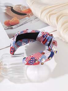 1Pc July 4th Independence Day Hairband, Stars & Stripes Pearl Rhinestone Knotted Wide Headwrap, Party Daily Versatile Hair Accessory - Multicolor - View 5