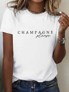 This Lightweight, Short-Sleeved, Loose-Fitting T-Shirt, Printed With "CHAMPAGNE Please," Exudes French Elegance And A Touch Of Sophistication. Paired With Jeans And Loafers, It Creates A Chic, French-Inspired Look. Perfect For Everyday Casual Wear. - 白色 - 查看 1