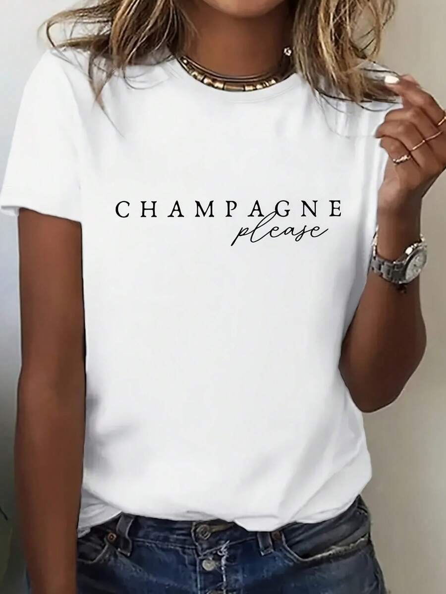 This Lightweight, Short-Sleeved, Loose-Fitting T-Shirt, Printed With "CHAMPAGNE Please," Exudes French Elegance And A Touch Of Sophistication. Paired With Jeans And Loafers, It Creates A Chic, French-Inspired Look. Perfect For Everyday Casual Wear. - 白色 - 查看 1