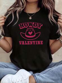 Camiseta de mujer de talla grande estilo curvo con estampado estilo denim "HOWDY VALENTINE", top para el Día de San Valentín, manga corta vintage y divertida, camiseta de ambiente festivo, ajuste elástico y relajado. - Negro - Ver 1