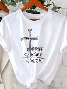 1 camiseta blanca con temática cristiana que presenta una cruz y tres clavos, perfecta para regalos relacionados con la fe, el culto y días festivos como la Pascua y la Navidad, tanto para hombres como para mujeres. 180g Algodón 100%. - Blanco - Ver 1