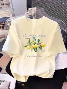 Camiseta inspiradora para mujer con estampado de ramas de limón italiano - Cuello redondo - Diseño ligero de fantasía casual para primavera/verano y cita distintiva - Lavable a máquina, ropa casual cómoda y ropa de invierno para mujer - Albaricoque - Ver 7