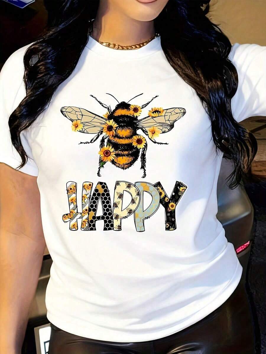 Women's Clothing Casual Short Sleeve T-Shirt For Women - Vibrant Bee And Sunflower Print In Yellow With "HAPPY" Text, Breathable Crew Neck, Woven Fabric, All-Season Comfort, Machine Washable, Everyday Wear, Fun Design, Easy Care, Graphic T-Shirt, Women's Lifestyle Shirts - 白色 - 查看 1