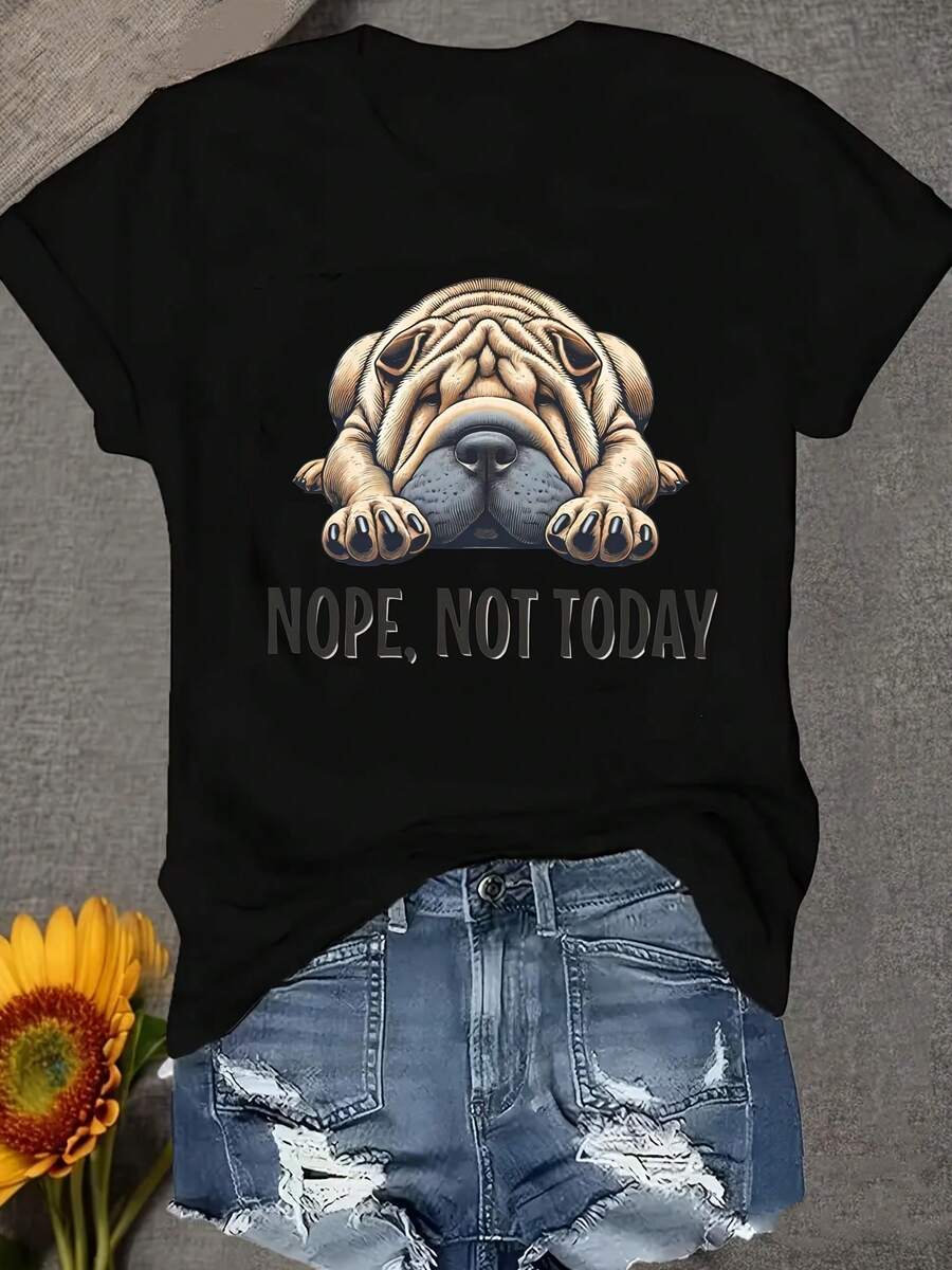 Una camiseta de mujer de manga corta, holgada, moderna, a la moda, retro y elegante, adecuada para actividades al aire libre en primavera y verano, con el estampado del perro chino Shar-Pei "No puedo hacerlo hoy", de cuello redondo, cómoda y suave.blusas para mujer,blusas casuales para dama,tops,, mujer premium,y2k,playeras de mujer curvy,ofertas y liquidaciones ropa mujer,playeras deportivas para mujer,,playeras de hombre, mujer,blusas>elegante EXEN - Negro - Ver 1
