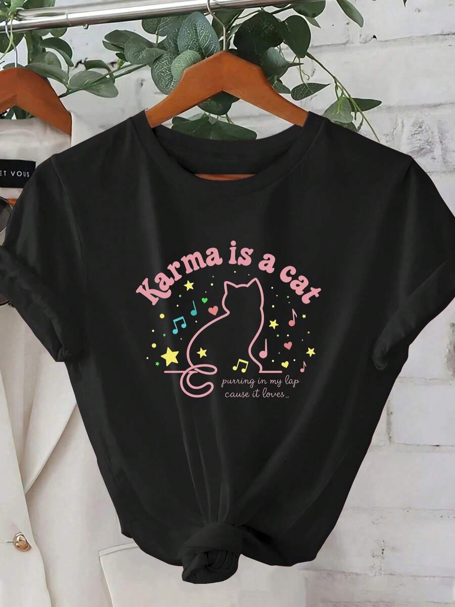Women's Short-Sleeved T-Shirt, Regular Fit - 2D Geometric Design Of A Cat Surrounded By The Phrase 'Karma Is A Cat' In A Modern Urban Style. | Suitable For Holidays And Leisure | Suitable For A Festive Atmosphere ZW0B - 黑色 - 查看 1