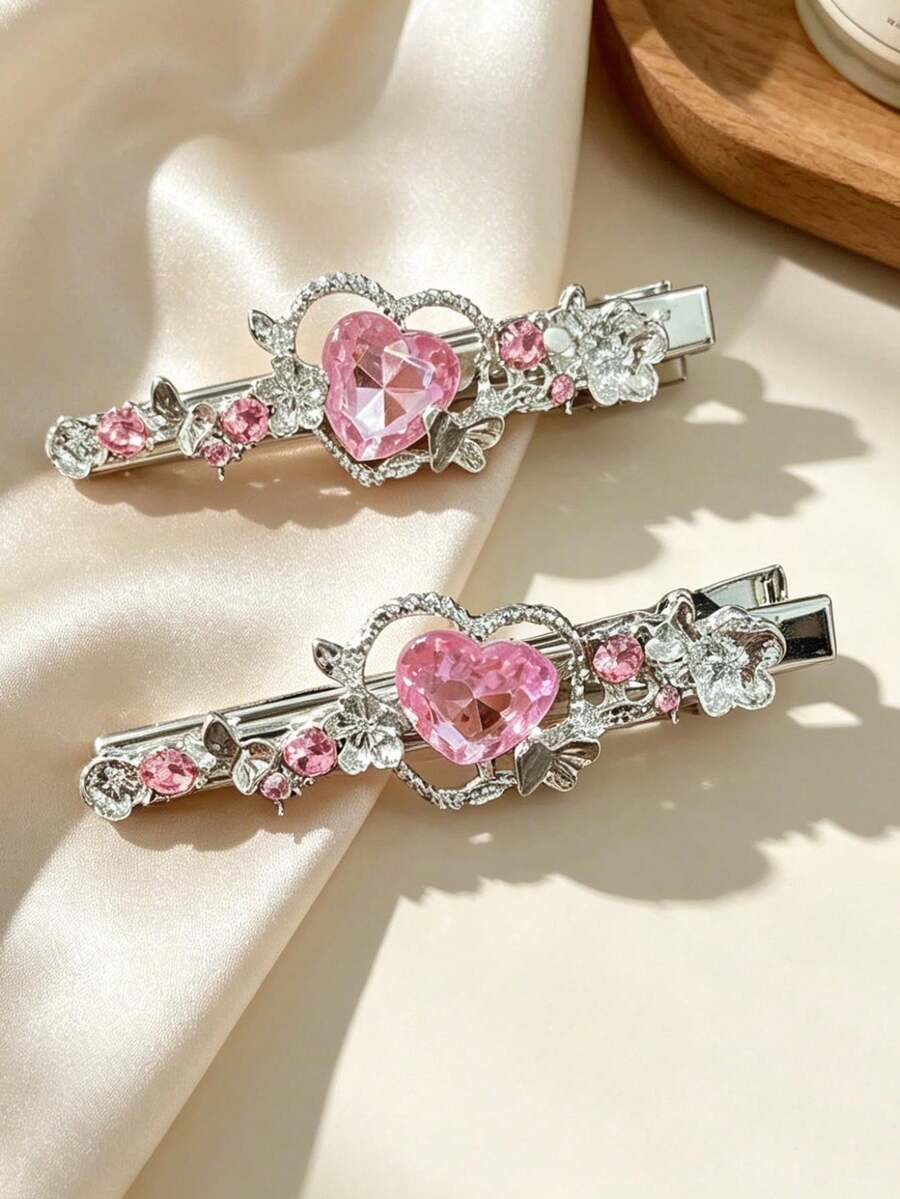 2pcs Women Hair Clips, Delicate Sweet Heart Crystal Hair Clips, Elegant Side Bangs Hairpins - Multicolor - View 1