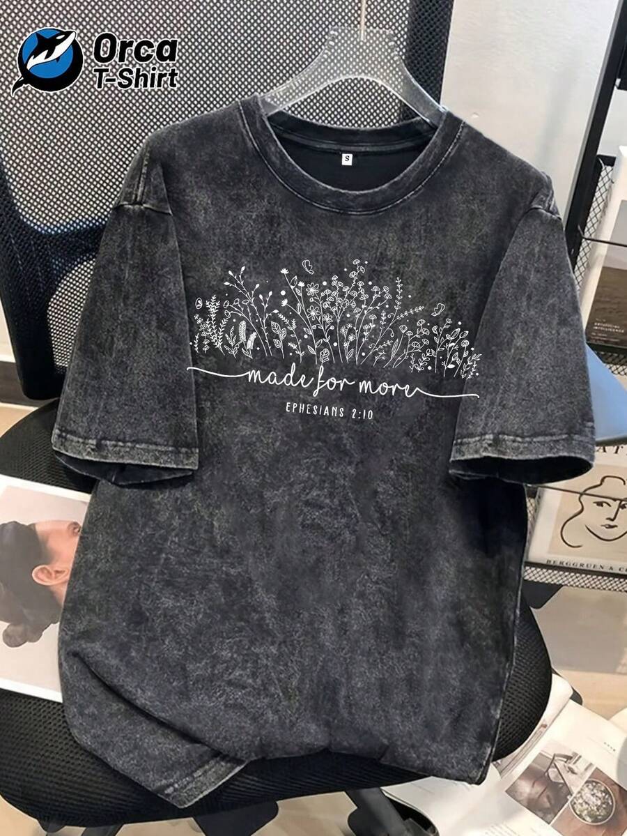 1 camiseta vintage con estampado floral "hecho para mamá", de marca estadounidense de moda, casual, con cuello redondo, de algodón lavado y personalizada, de manga corta, adecuada para vacaciones, salidas, uso casual, deportes, regalos y otras ocasiones. 100% algodón, 180g. - Negro - Ver 1