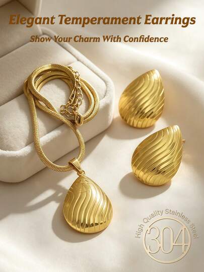 3 Pieces Per Set, A Delicate And Elegant Summer Women's Gold Jewelry Set, Including A Drop Pendant Necklace And Drop Earrings, Featuring A Unique Strip Texture Design. It Can Be Worn For Various Party Occasions - 18K Gold Plated Stainless Steel Jewelry Set, Never Fades, Lightweight And Low Allergenic.