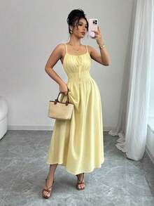 Vestido de lino con nudo en el frente, plisado en la cintura y sin mangas, color café claro, cómodo y casual, para primavera y verano - Amarillo claro - Ver 5