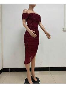 Women's Champagne-Colored Sequined Dress, Off-Shoulder Draped Design, Asymmetrical Side Slit, Stretchy Shiny Fabric Ideal For Summer Parties, Weddings As A Guest And Elegant Outdoor Dinners, Sexy Glamorous Style Perfect For Celebrations And Formal Events - 酒紅色 - 查看 2