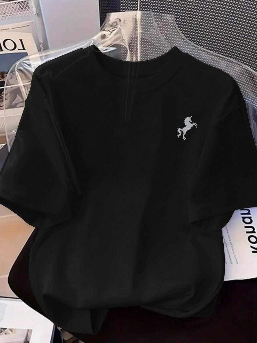 1 Piece Of Women's Short-Sleeved T-Shirt With A Round Neck And Fashionable Print, Casual And Comfortable, Suitable For Daily Wear, The Fusion Of Print And Comfortable Round Neck, The Perfect Choice For Summer. - 黑色 - 查看 1