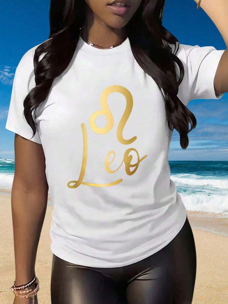 Women's Casual Short-Sleeved Crew Neck T-Shirt With A Fun Print, Featuring The Leo Zodiac Sign, Gold Print, Astrological Top, Perfect For Summer Beachwear, Suitable For Christmas Parties, Sports Activities, Holiday Parties, Outings, And Other Holiday Gifts. Fashionable. - 白色 - 查看 1