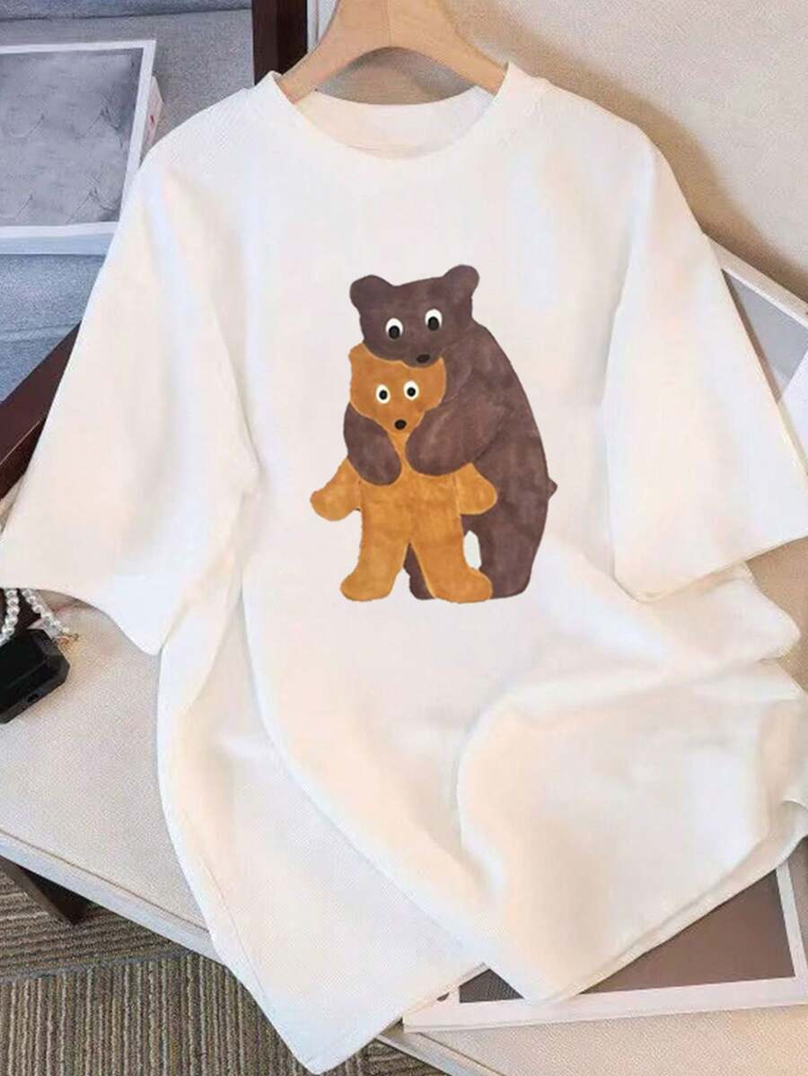 Women's Pure Cotton Short-Sleeved T-Shirt With A Unique Print Design, New Summer Style 2026, Loose Fit, Slimming Top For Students. Elegant Party Outfit, T-Shirt For Stylish Ladies, Blouses Suitable For Curvy Women, Prom Skirts, Casual Wear. Adorable Animal Print, Fun Letter Print. - 白色 - 查看 1