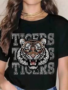 Women's PremiumTigers Tiger Head Graphic T-Shirt - Bold Animal Print Design With Rhinestone Details, Perfect For Sports Fans, Team Spirit, Casual Wear, And Sporting Events. Great Gift Idea. - 黑色 - 查看 7