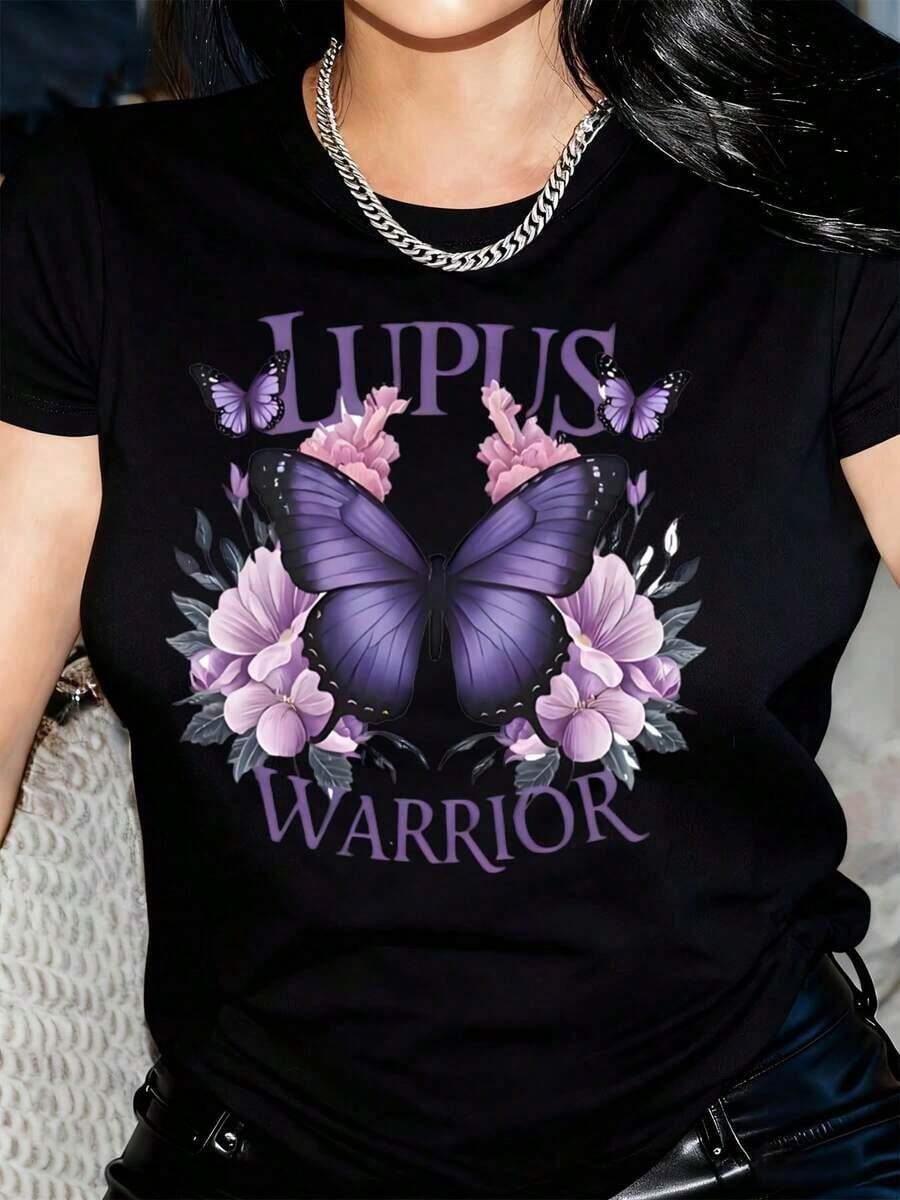 Women's Cotton T-Shirts, Women's T-Shirt With Floral Butterfly And Lupus Design In Purple, Basic Women's Blouses. - 黑色 - 查看 1