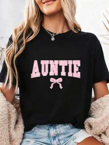 Women's Short-Sleeved T-Shirt With A Floral Print And Sweet Pink Bow, A Fun Design That Makes A Perfect Gift For Aunts Who Love Cute Styles, Made From Comfortable Pure Cotton. - 黑色4 - 查看 7