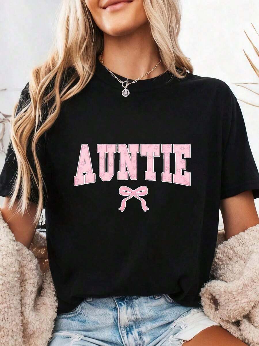 Women's Short-Sleeved T-Shirt With A Floral Print And Sweet Pink Bow, A Fun Design That Makes A Perfect Gift For Aunts Who Love Cute Styles, Made From Comfortable Pure Cotton. - 黑色 - 查看 1
