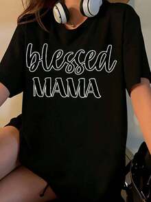 Blessed Mama Women's T-Shirt, Casual, Short Sleeve, Graphic Print, Mother's Day Gift, Fashion Top, Summer Clothing - 黑色 - 查看 7