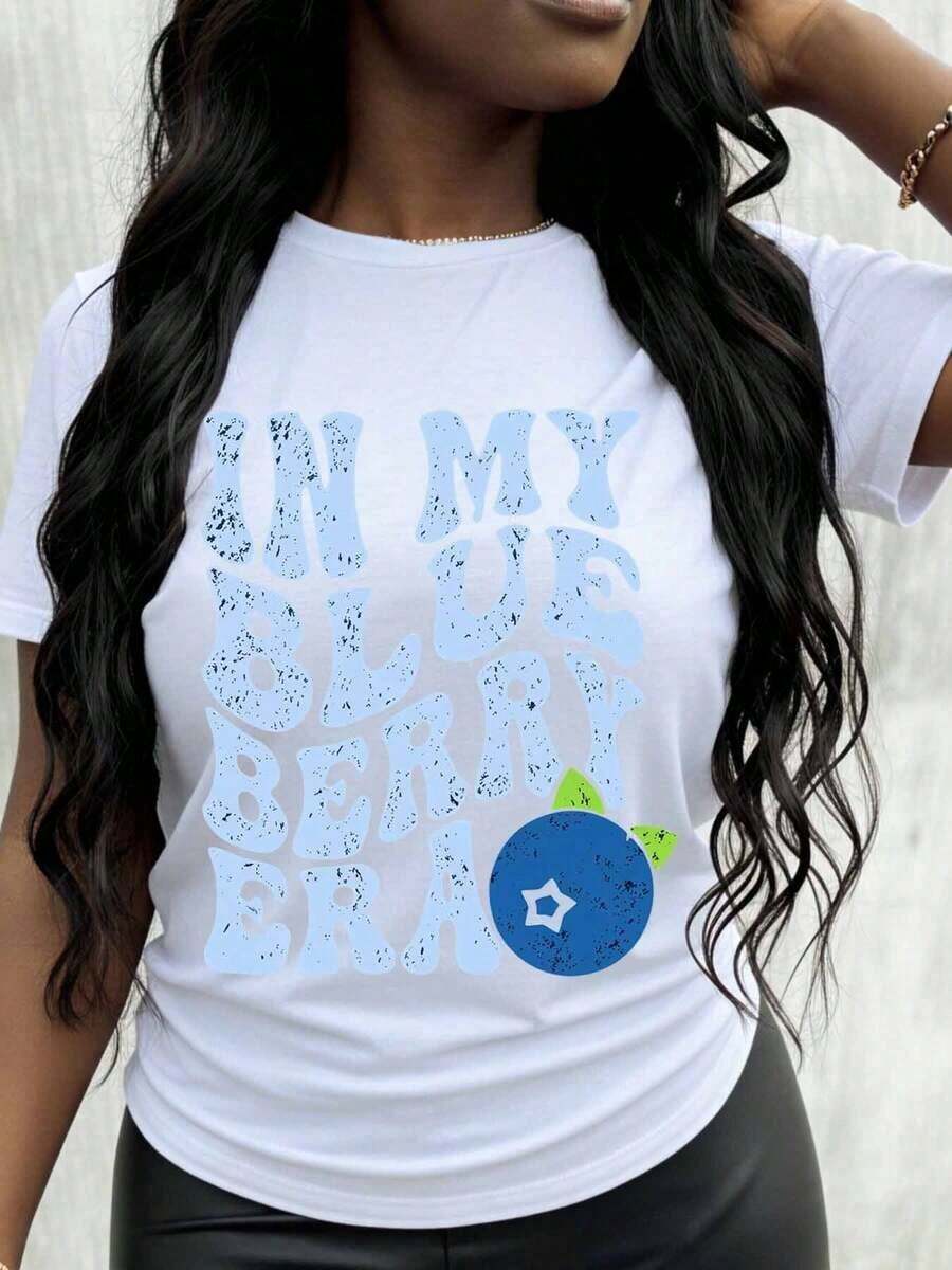 Camiseta 'In My Blueberry Era' para Mujer, Camiseta Gráfica Casual, Top de Moda, Atuendo de Verano, Playera Holgada para Mujer - Blanco - Ver 1