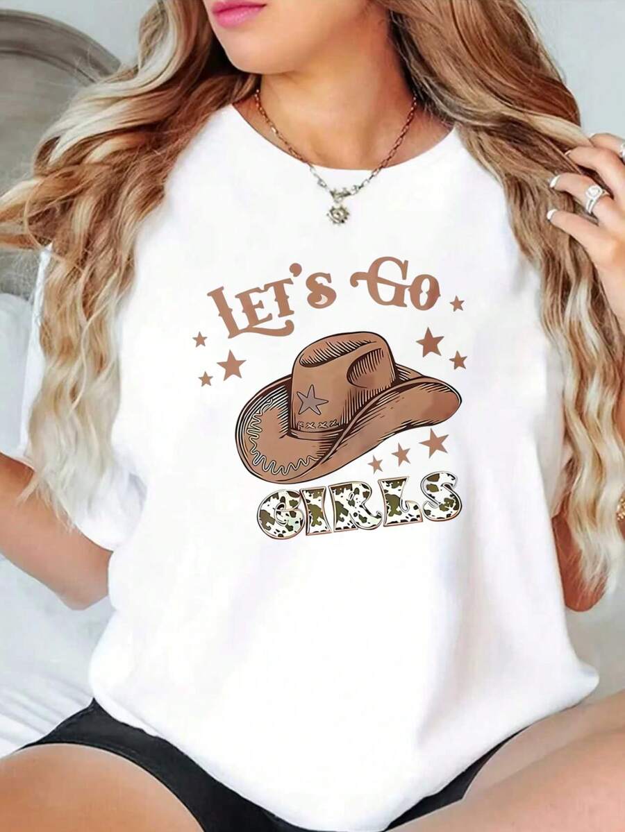 Women's Short Sleeve T-Shirt, Modern And Minimalist Style, With Star Print And Cowboy Hat, White, Suitable For All Seasons, Casual For Daily Wear - 白色 - 查看 1