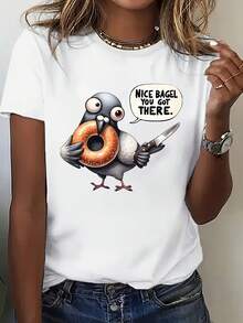 Women's Casual Crew Neck T-Shirt, Dove And Muffin Print - Short Sleeve, Summer And Spring Top, Lightweight And Comfortable, Casual Wear, Fun Design, Lightweight T-Shirt - Unisex Urban Vintage Style, Short Sleeve Crew Neck Cotton T-Shirt - 白色 - 查看 7